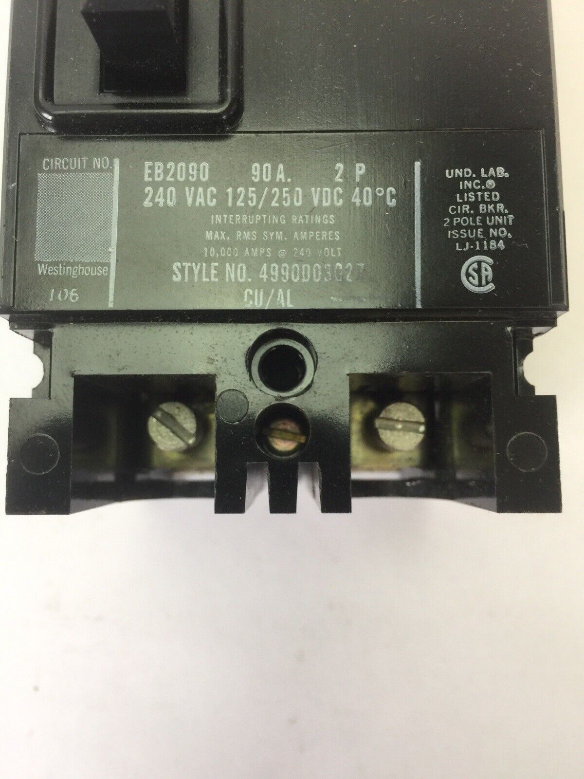 WESTINGHOUSE EB2090 AB DEION CIRCUIT BREAKER 90AMP 240VAC 125/250VDC 2 POLE
