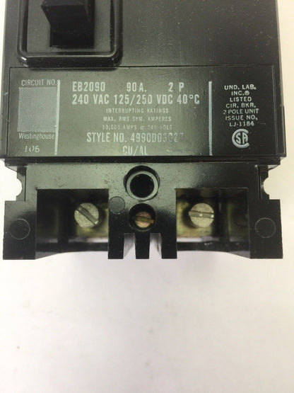 WESTINGHOUSE EB2090 AB DEION CIRCUIT BREAKER 90AMP 240VAC 125/250VDC 2 POLE