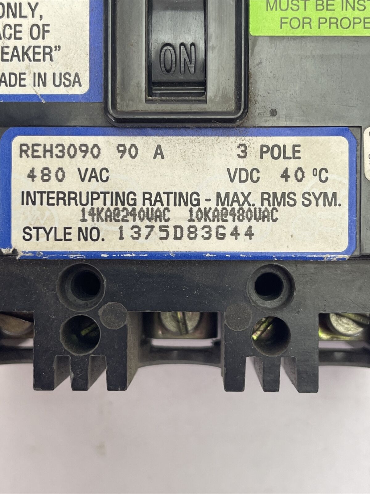 WESTINGHOUSE REH3090 CIRCUIT BREAKER 90AMP 3POLE 480VAC 1375D83G44