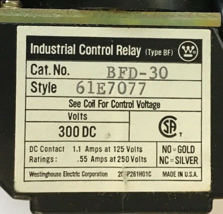 WESTINGHOUSE BFD-30 CONTROL RELAY 3 N.0. 300VDC