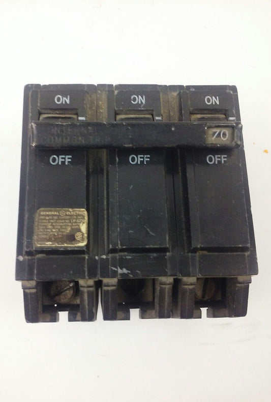 GENERAL ELECTRIC THQL32070 CIRCUIT BREAKER 70A, 240V, 3P, USED MISSING ONE LUG