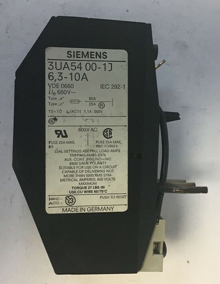 SIEMENS 3UA5400-1J 6,3-10A OVERLOAD RELAY 600VAC