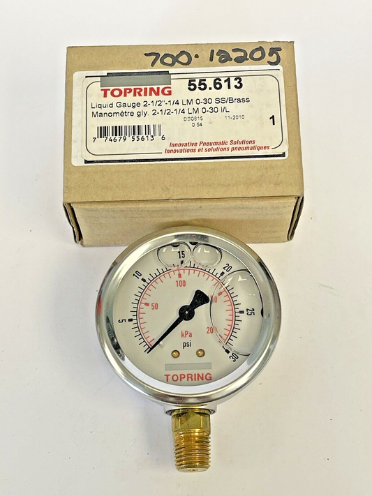 TOPRING - 55.613 - LIQUID GAUGE - 2.5" DIAMETER, 1/4" LM, 0-30 PSI - SS/BRASS