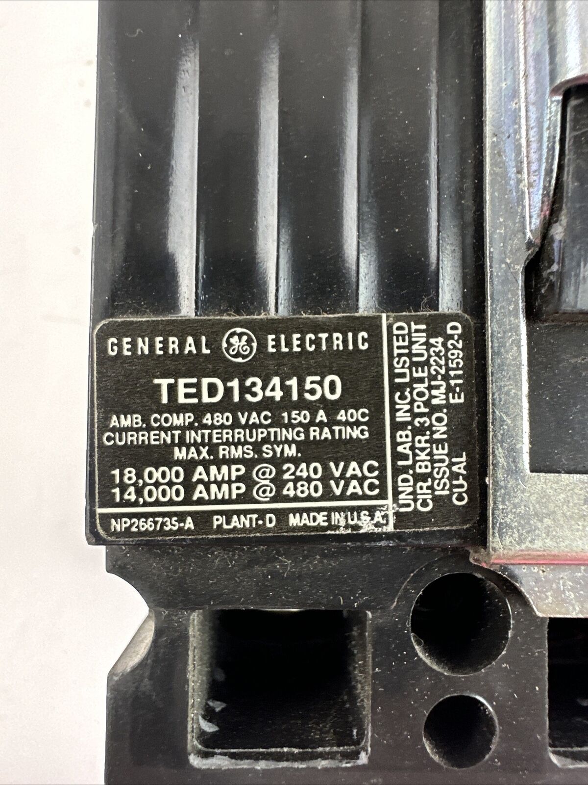 GE TED1340150 CIRCUIT BREAKER 480VAC 150A 3POLE