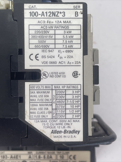 ALLEN BRADLEY 104-A12NZ243 SER A REVERSING STARTER 12AMP 600VAC 10HP COIL 24VDC