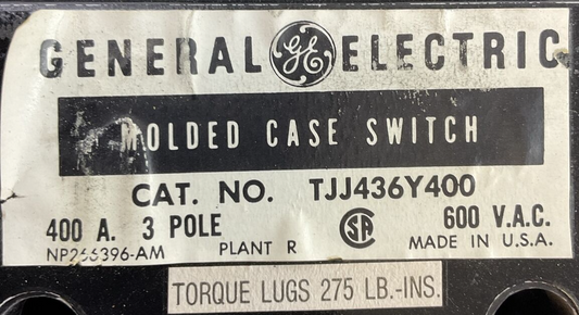 GE TJJ436Y400 MOD 5 CIRCUIT BREAKER 400AMP 600VAC 3POLE