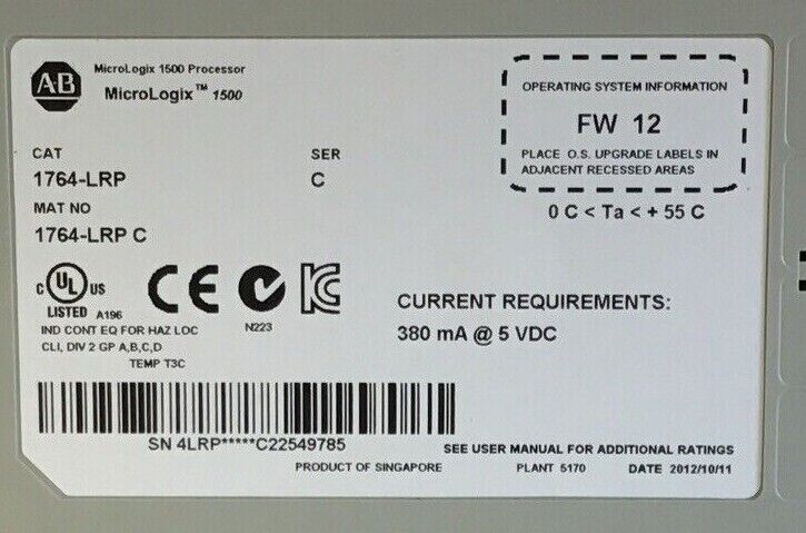 ALLEN BRADLEY 1764-LRP PROCESSOR SER.C FW12 5VDC MICROLOGIX 1500