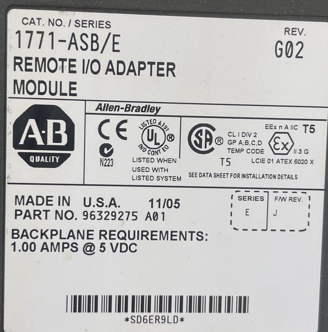 ALLEN BRADLEY 1771-ASB REMOTE I/O ADAPTER MODULE SERIES E REV G02 5VDC F/W REV J