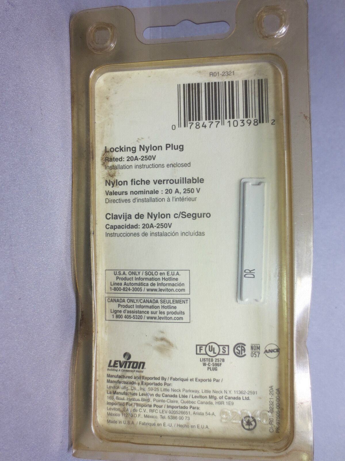 LEVITON 2321 / L6-20P / R01-2321 LOCKING NYLON PLUG 20A, 250V - NEW SURPLUS