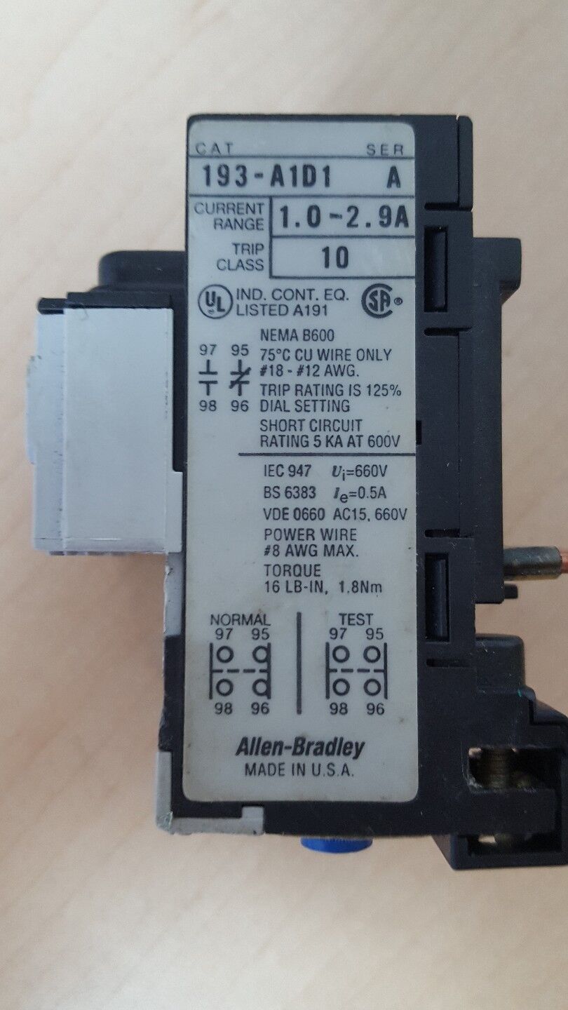 Allen Bradley 193-A1D1 Ser. A 1 - 2.9 Amp Overload Relay