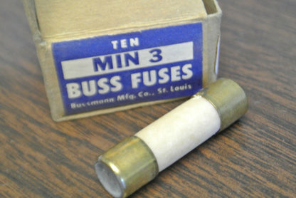 BOX of 10 / BUSS MIN3 INDICATING FUSE / 3A / 250V / NEW SURPLUS / MIN-3