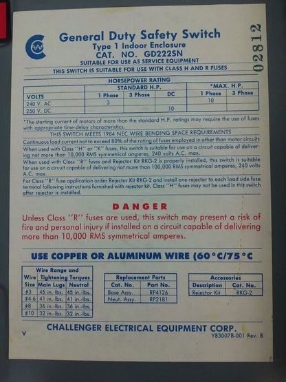 CHALLENGER GD222SN, SAFETY SWITCH, 60A, 240V, SINGLE PHASE FUSIBLE, 10 H.P. NEW