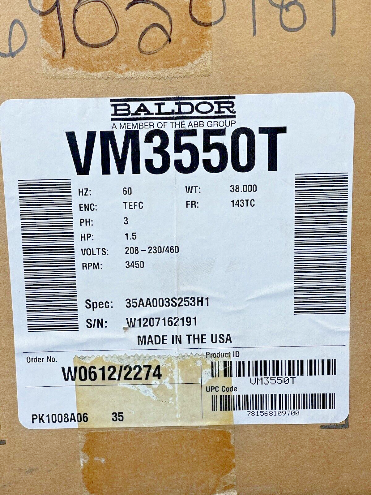 BALDOR RELIANCE - VM3550T - 3 PHASE INDUSTRIAL MOTOR 1.5HP 230/460V 2/1A 3600RPM