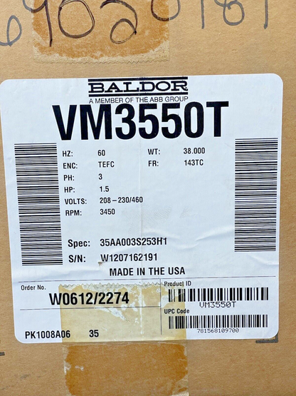 BALDOR RELIANCE - VM3550T - 3 PHASE INDUSTRIAL MOTOR 1.5HP 230/460V 2/1A 3600RPM