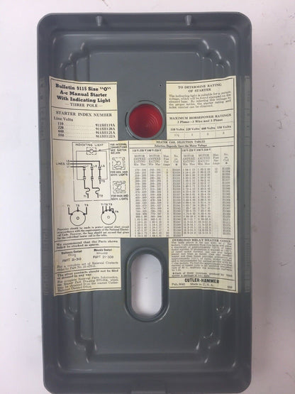 CUTLER HAMMER 9115H119A AC MANUAL STARTER START/STOP SIZE 0 LAMP CIRCUIT 110V