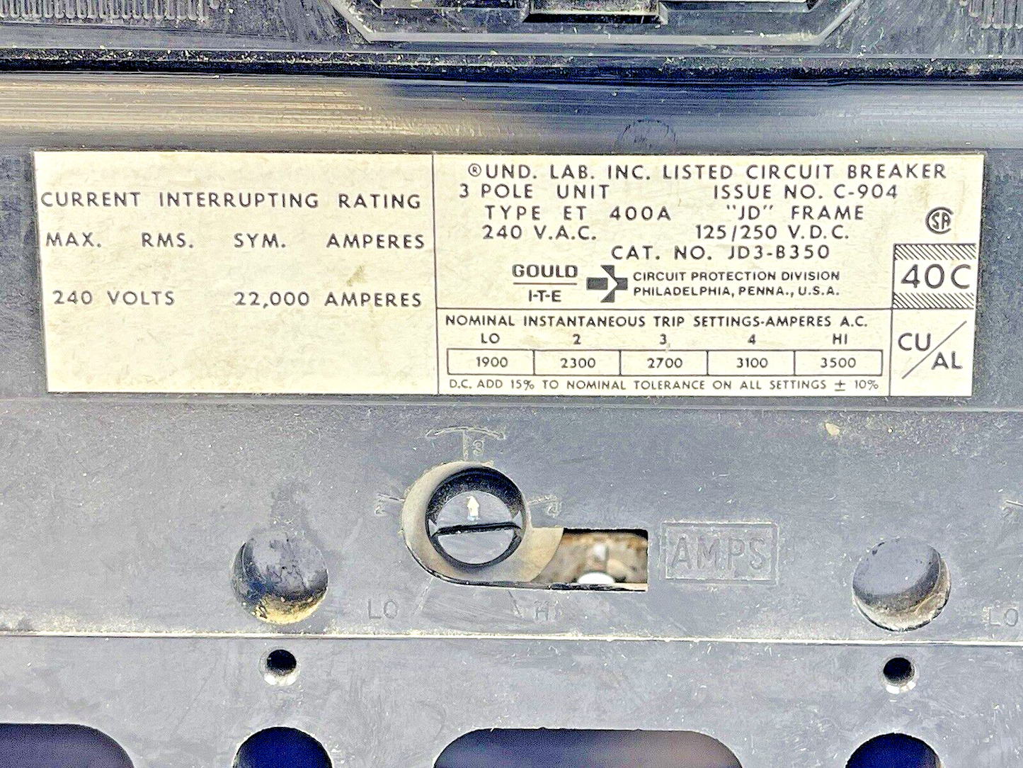 ITE / GOULD - JD3-B350 - CIRCUIT BREAKER -350 AMP, 240 VAC, 3 POLE, 400 A CASING