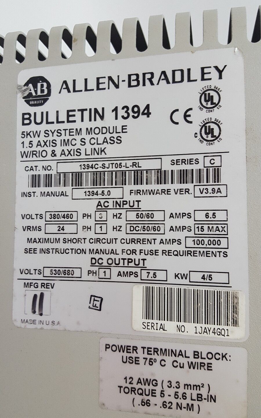 ALLEN BRADLEY 1394C-SJT05-L-RL SER C 5KW 1.5 AXIS V3.9A