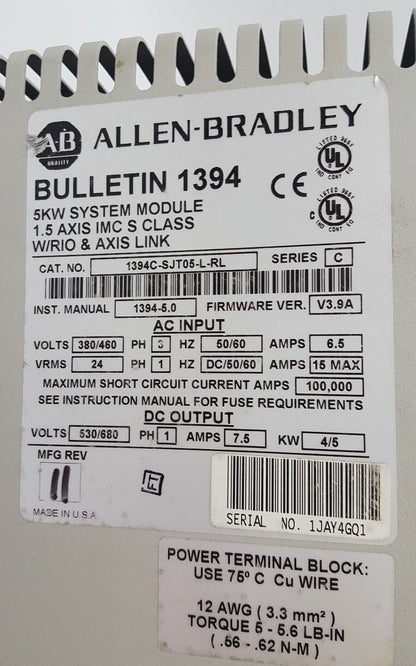 ALLEN BRADLEY 1394C-SJT05-L-RL SER C 5KW 1.5 AXIS V3.9A