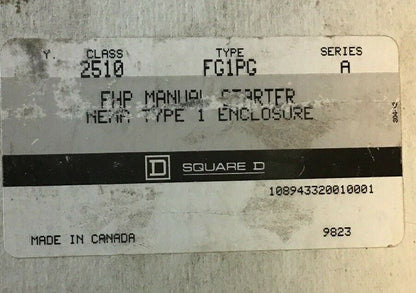 SQUARE D 2510 FG1PG SER. A FHP MANUAL STARTER NEMA TYPE ENCLOSURE