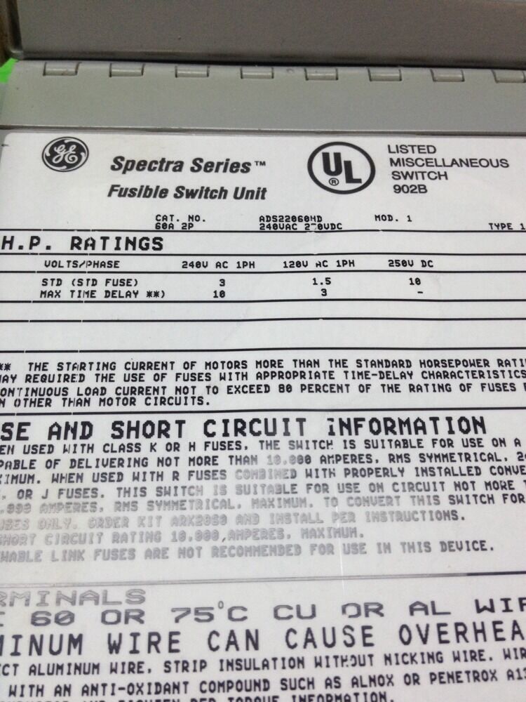 GE SPECTRA SERIES ADS22060HD 60A 240V 2PH FUSIBLE PANLEBOARD SWITCH