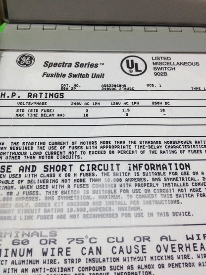 GE SPECTRA SERIES ADS22060HD 60A 240V 2PH FUSIBLE PANLEBOARD SWITCH
