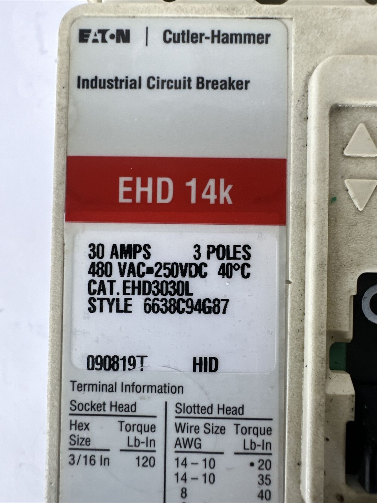 EATON CUTLER HAMMER EHD3030L 30AMP 3P 480VAC 250VDC 6638C94G87 CIRCUIT BREAKER