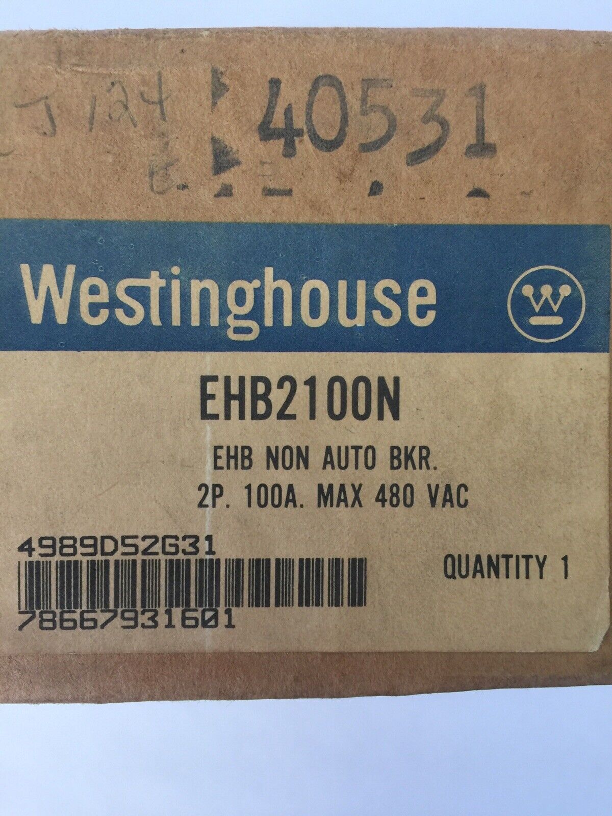 WESTINGHOUSE EHB2100N NON AUTO CIRCUIT BREAKER 100AMP 2POLE 480VAC 250VDC