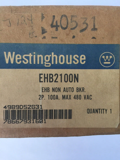 WESTINGHOUSE EHB2100N NON AUTO CIRCUIT BREAKER 100AMP 2POLE 480VAC 250VDC