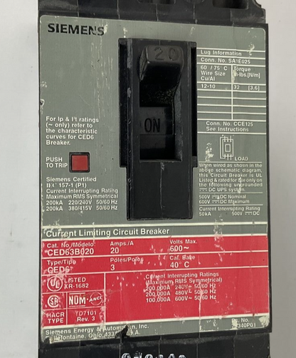 ITE SIEMENS CED63B020 CIRCUIT BREAKER 20A 600VAC 3POLE 50/60HZ