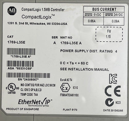 ALLEN BRADLEY 1769-L35E COMPACT LOGIX 1.5MB CONTROLLER SER A FW1.15 24VDC 0.09A