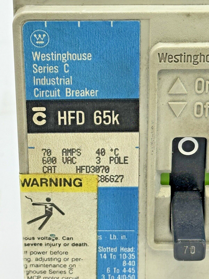 WESTINGHOUSE - HFD3070 - INDUSTRIAL CIRCUIT BREAKER - 3 POLE/ 70 A/ 600 VAC