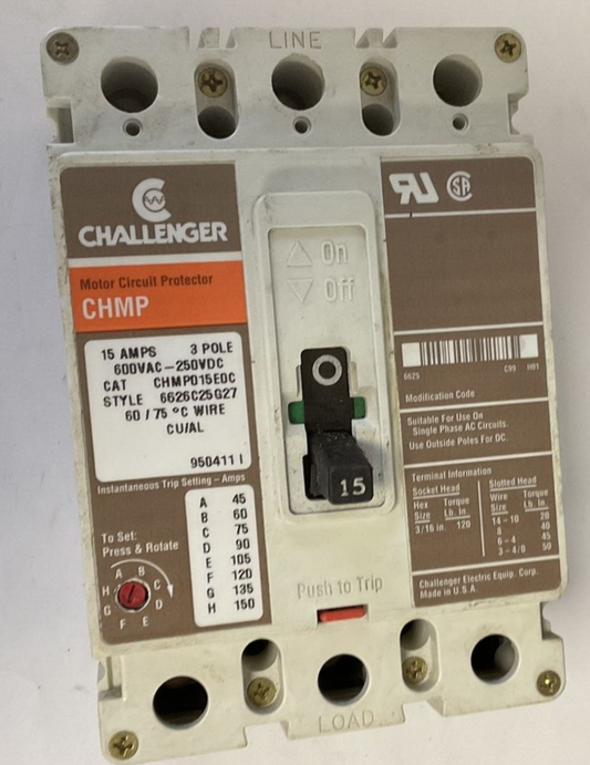 CUTLER HAMMER CHMP015E0C CIRCUIT BREAKER 600VAC-250VDC 15A 3POLE