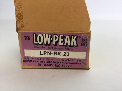BUSSMAN LOW-PEAK LPN-RK 20 DUAL ELEMENT TIME-DELAY FUSE 250VAC 20A (BOX OF 10)