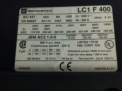 TELEMECANIQUE LC1F400 CONTACTOR, 3PH, 3P, 600V, 420A, 300HP,W/ LX9FJ910 24V COIL