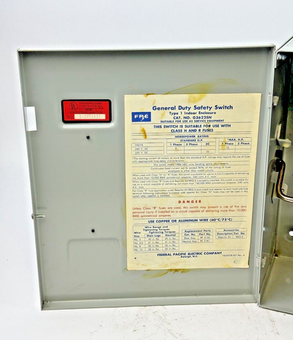 FEDERAL PACIFIC - G3622SN - SAFETY SWITCH - 60 AMP, 2 POLE, 240 VAC, NEMA TYPE 1