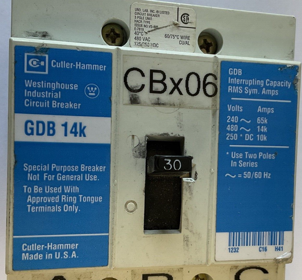 WESTINGHOUSE GDB 14K CIRCUIT BREAKER 30A 480VAC 3POLE 50/60HZ