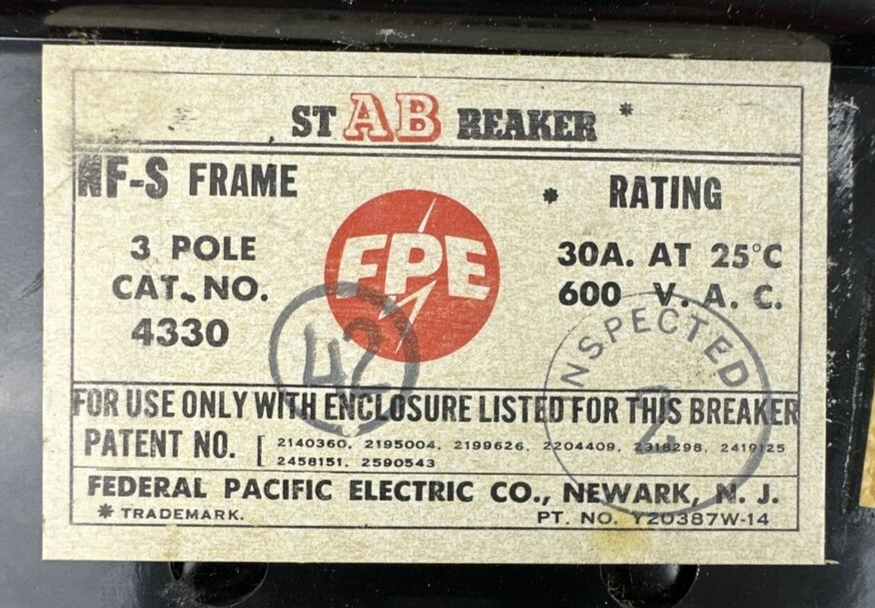 FPE 4330 STABREAKER 30AMP 600VAC 3POLE NF-S FRAME THERMAL AND MAGNETIC TRIP