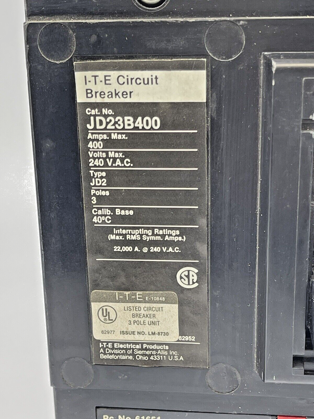 SIEMENS - I-T-E - JD23B400 - CIRCUIT BREAKER - 400 A, 240 VAC, JD2, 3 POLE