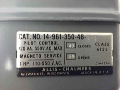 ALLIS CHALMERS  CLASS 6135 14-961-350-48-115 PRESSURE SWITCH, 550V,NEW SURPLUS,