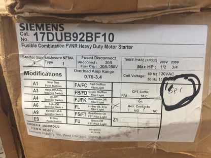 SIEMENS 17DUB92BF10 FUSIBLE COMBINATION FVNR HEAVY DUTY MOTOR STARTER