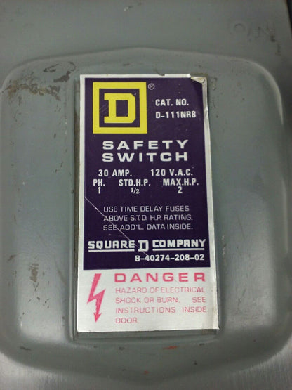 SQ.D D-111-NRB, SER. C2, SAFETY SWITCH, 1P, 30A, 120V, STD H.P. 1/2, MAX H.P 2