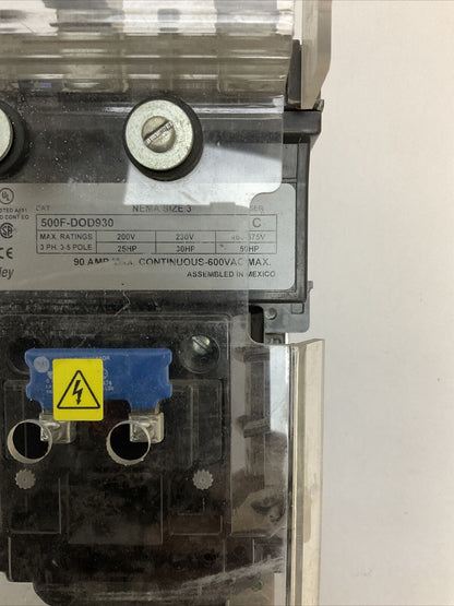 ALLEN BRADLEY SIZE 3 STARTER 500F-DOD930 SER C 90A 600VAC 50HP 592-EEGD SER C