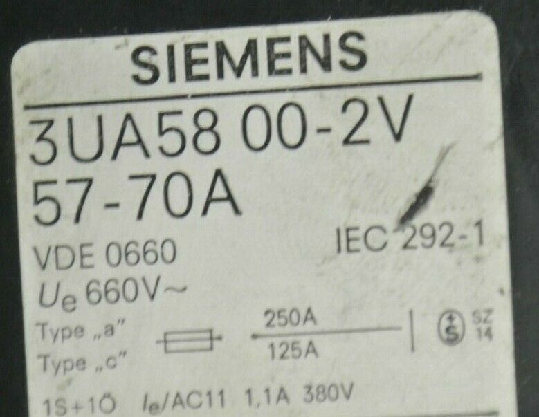 SIEMENS 3UA58 00-2V OVERLOAD RELAY / 57-70 AMP