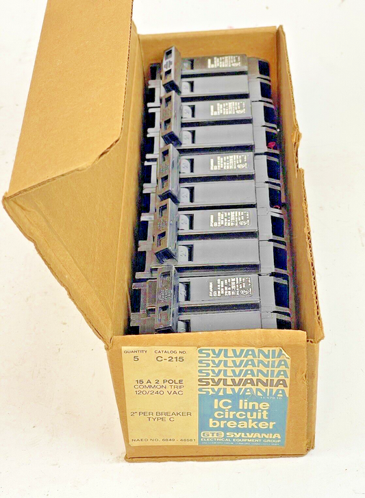 GTE SYLVANIA *BOX OF 5*-C-215- 2 POLE, 15 A, 240 VAC LC LINE CIRCUIT BREAKER