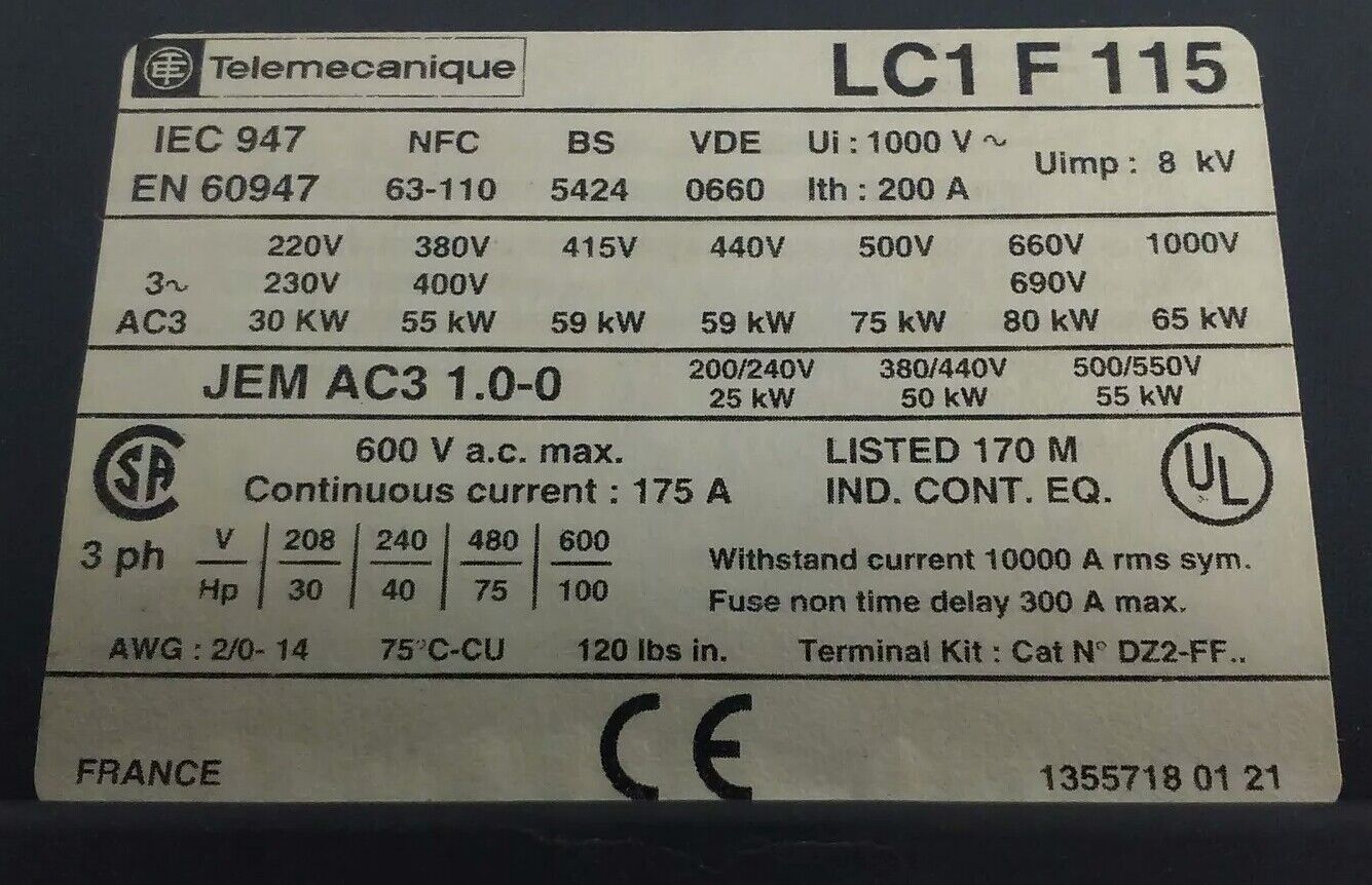 TELEMECANIQUE LC1F115 CONTACTOR, 3PH, 600V, 175A, 100HP, W/ LX1FF020 20/24V COIL