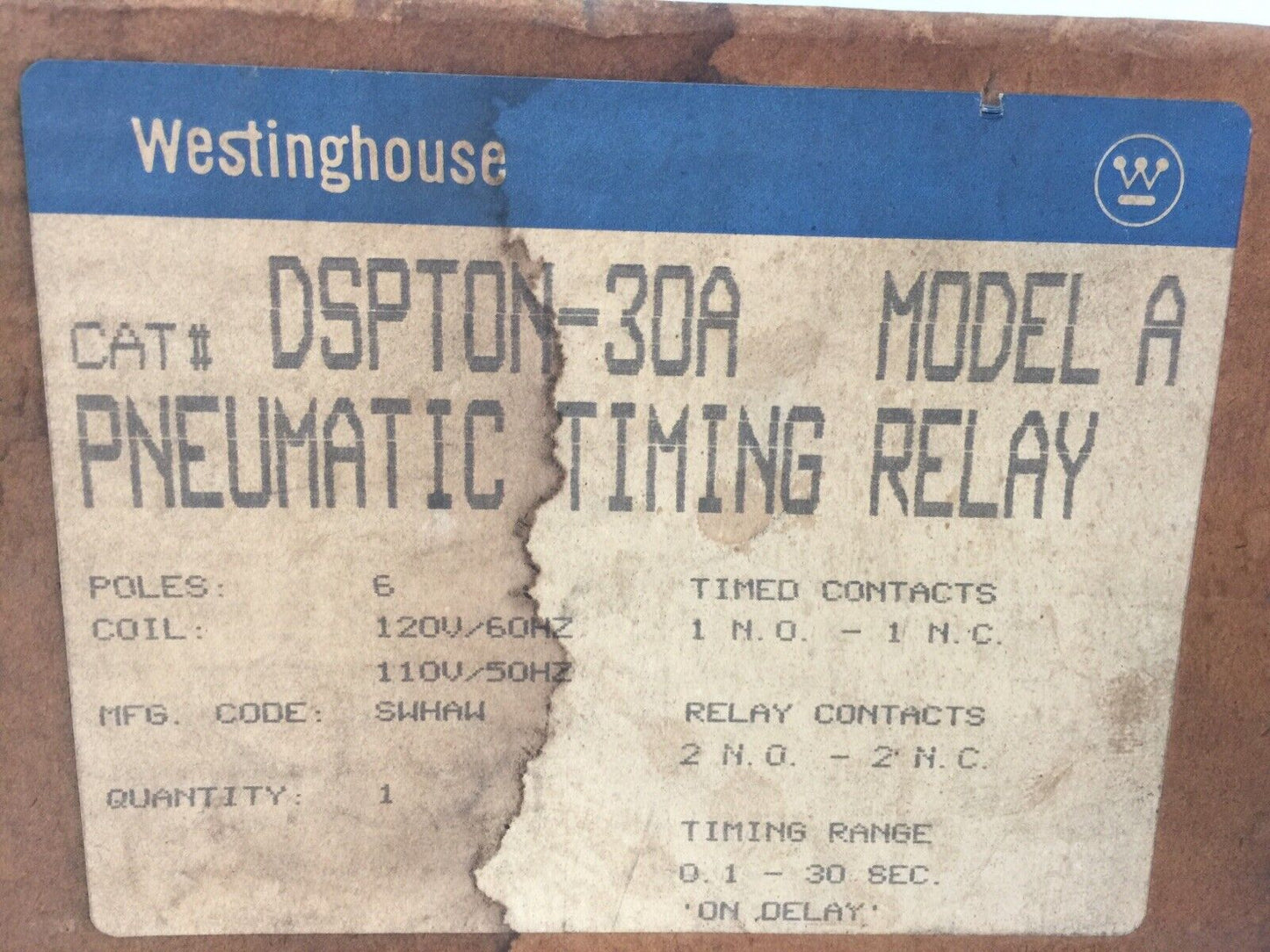 WESTINGHOUSE DSPTON-30A MODEL A PNEUMATIC TIMING RELAY 6P 0.1-30 SEC COIL 120V