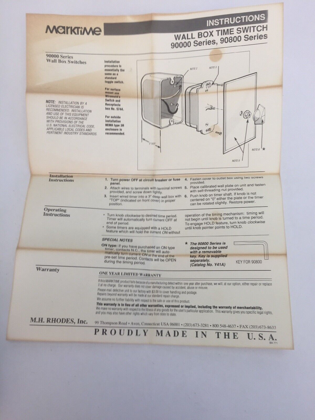 MARKTIME 90007 WALL BOX TIME SWITCH 6 HRS OFF TYPE WITHOUT HOLD