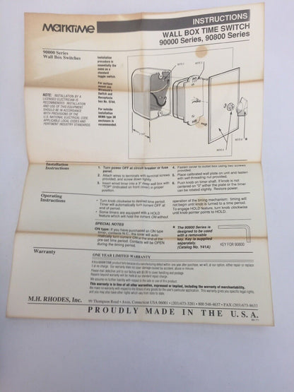 MARKTIME 90007 WALL BOX TIME SWITCH 6 HRS OFF TYPE WITHOUT HOLD