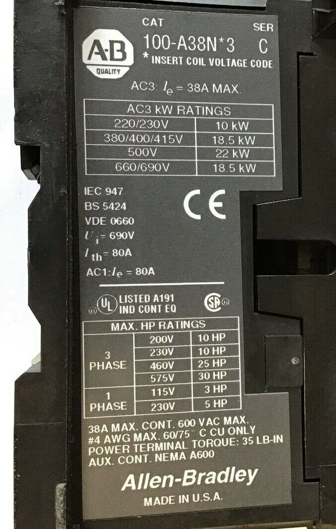 ALLEN BRADLEY 100-A38N*3 CONTACTOR SER.C  W/ 195-FA22 RELAY SER.A