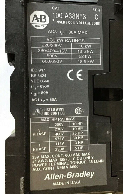 ALLEN BRADLEY 100-A38N*3 CONTACTOR SER.C  W/ 195-FA22 RELAY SER.A